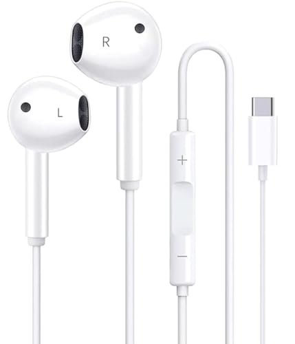 h24z USB-C In-Ear Kopfhörer mit Mikrofon Kabelkopfhörer In-Ear Kopfhörer & Lautstärketasten – Kabelgebunden kompatibel mit iPhone 15 16, Samsung, iPad, Laptop, MacBook & mehr (Weiß) von h24z