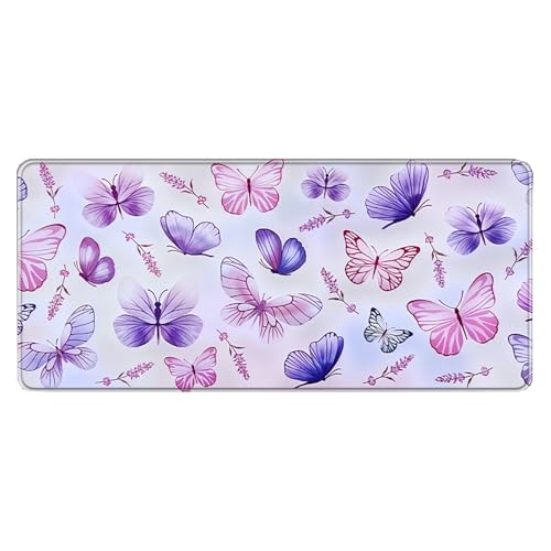 Großes Gaming-Mauspad, 900 x 400 x 3 mm, rutschfest, wasserdicht, Schreibtischunterlage mit genähtem Rand (Butterfly2) von hansum
