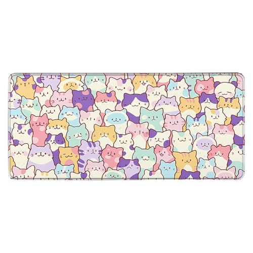 Großes Gaming-Mauspad, 900 x 400 x 3 mm, rutschfest, wasserdicht, Schreibtischunterlage mit genähtem Rand (bunte Katze) von hansum