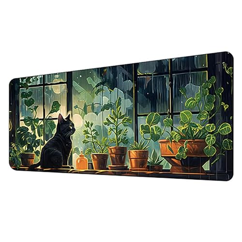 Großes Gaming-Mauspad, 900 x 400 x 3 mm, rutschfestes, wasserdichtes Mauspad, Schreibtischunterlage mit genähtem Rand (schwarze Katze 1) von hansum