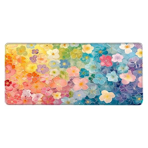 Großes Gaming-Mauspad, 900 x 400 x 3 mm, wasserdicht, rutschfest, Schreibtischunterlage mit genähtem Rand (Blume 13) von hansum