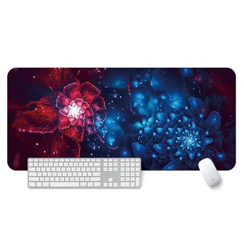 Großes Gaming-Mauspad, 900 x 400 x 3 mm, wasserdicht, rutschfest, Schreibtischunterlage mit genähtem Rand (Blume 17) von hansum