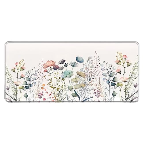 Großes Gaming-Mauspad, 900 x 400 x 3 mm, wasserdicht, rutschfest, Schreibtischunterlage mit genähtem Rand (Blume 7) von hansum