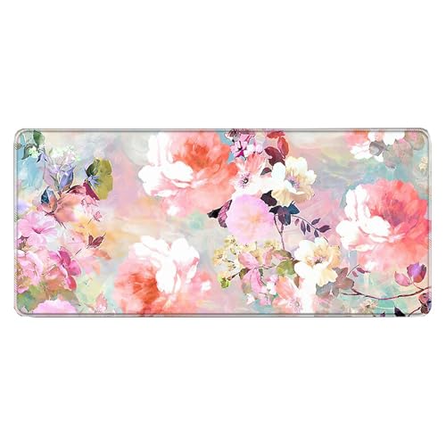 Großes Gaming-Mauspad, 900 x 400 x 3 mm, wasserdicht, rutschfest, Schreibtischunterlage mit genähtem Rand (Blumen8) von hansum