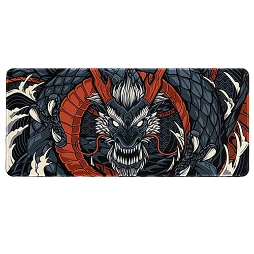 Großes Gaming-Mauspad, 900 x 400 x 3 mm, wasserdicht, rutschfest, Schreibtischunterlage mit genähtem Rand (Drachen) von hansum