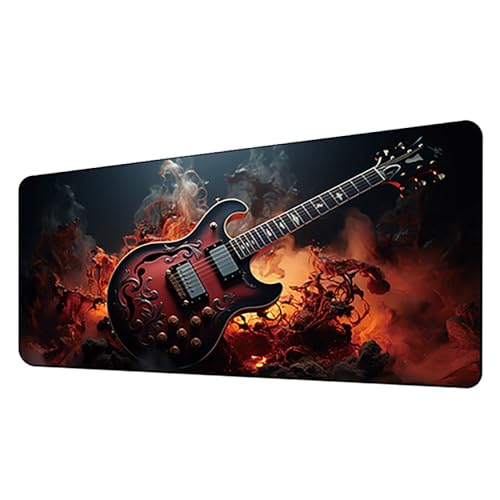 Großes Gaming-Mauspad, 900 x 400 x 3 mm, wasserdicht, rutschfest, Schreibtischunterlage mit genähtem Rand (Gitarre) von hansum