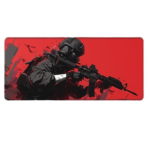 Großes Gaming-Mauspad, 900 x 400 x 3 mm, wasserdicht, rutschfest, Schreibtischunterlage mit genähtem Rand (Soldat 1) von hansum