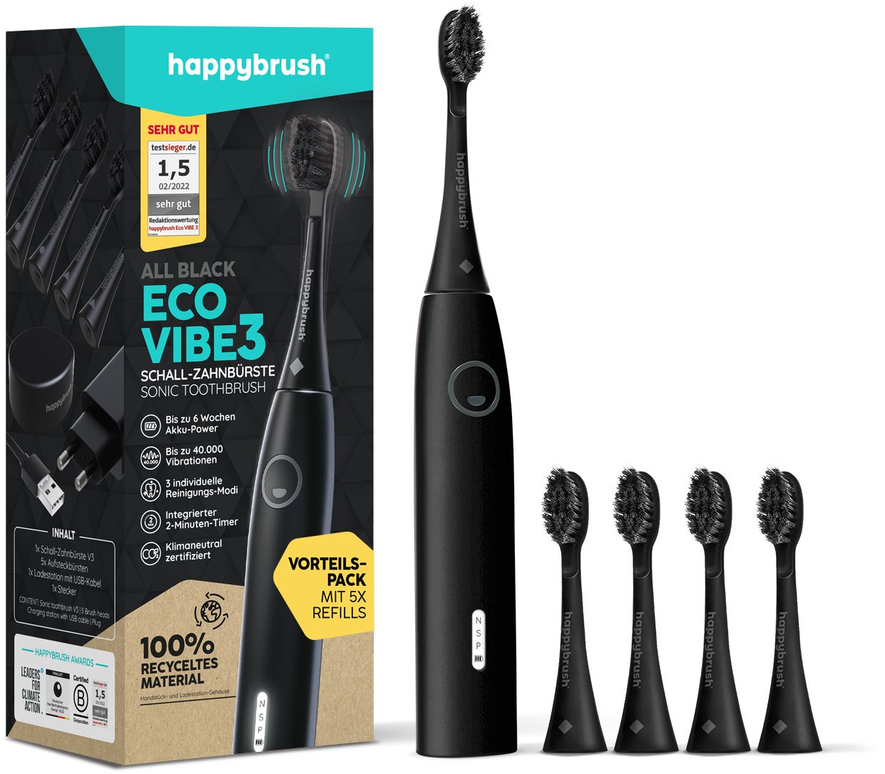 ECO VIBE 3 Starterkit + 4 Refills Schallzahnbürste schwarz von happybrush