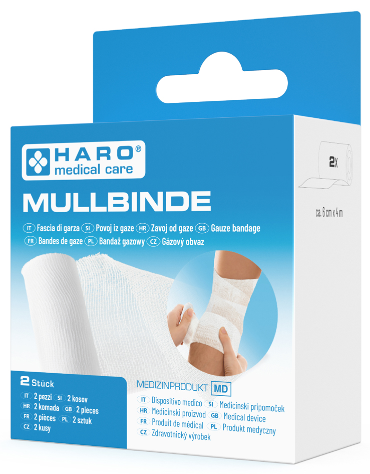 HARO Mullbinde elastisch, weiß, 60 mm x 4,0 m, 2er Set von haro