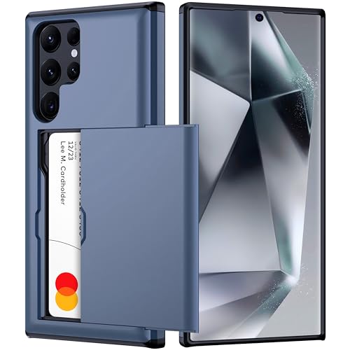 Samsung Galaxy S24 Ultra Hülle mit Kartenhalter, kabelloses Laden, kompatibel mit Samsung S24 Ultra Wallet Case mit verstecktem Kartenschlitz für Damen und Herren (Blau) von harusaki