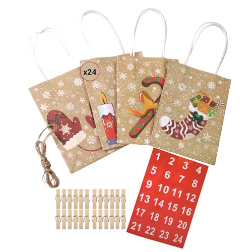 24 Geschenktüten aus Kraftpapier für Adventskalender – inkl. Sticker 1-24, 3m Paketschnur, 24 Holzklammern (35x7mm), 2 Designs – Perfekt für Weihnachten & Geschenke von hausleben