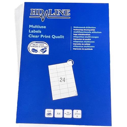 Hd-line Adressetiketten 1 Packungen, 100 Blatt, 70 x 37 mm, 2400 Stück, Selbstklebend, Bedruckbar, Matt, blanko Papier Adressaufkleber Etiketten, Universal, 24 pro A4 Bogen, weiß von hd-line