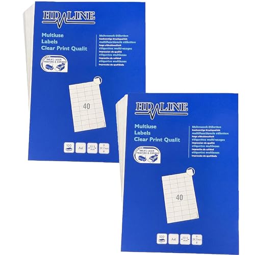 Hd-line Universal Etiketten 2 Packungen, 52,5 x 29,7 mm, 100 Blatt, 8000 Stück, selbstklebend, bedruckbar, matt, blanko Papier Klebeetiketten Aufkleber, 40 pro A4 Bogen, weiß von hd-line