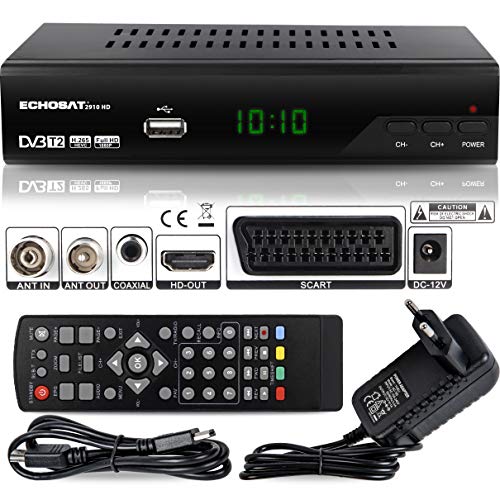 hd-line 2910 DVBT2 Receiver Full HD 1080P 4K für TV (HEVC/H.265 HDMI SCART, USB 2.0, DVBT-2, DVB-T2, DVB T2, DVBT 2), Reciver, Resiver, Empfänger, Schwarz, Echosat 20910 S, 2910echo von hd-line
