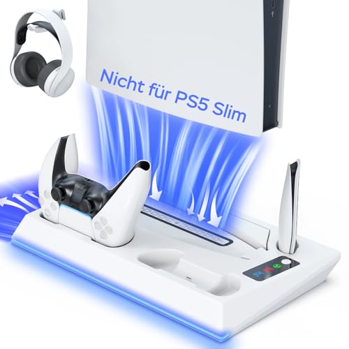 PS5 Ständer mit PS5 Controller Ladestation und 3 Stufig PS5 Lüfter für PS5 Digital/PS5 Disc, 4 in 1 PS5 Standfuß PS5 Kühler PS5 Ladestation Headset/Fernbedienung Halterung PS5 Zubehör mit Ladekabel von heclynis