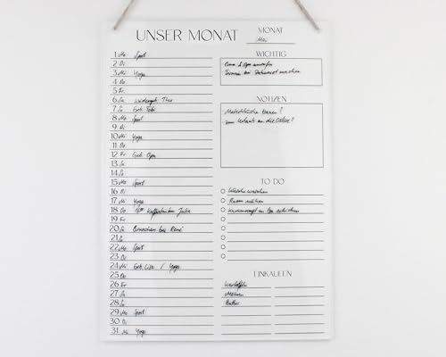 Monatsplaner A4 Acryl ohne Stift | Monatskalender | Wandplaner für den Monat abwischbar | Wandkalender undatiert | To Do Liste | Monatsplaner Acrylglas (A4) von heeaven