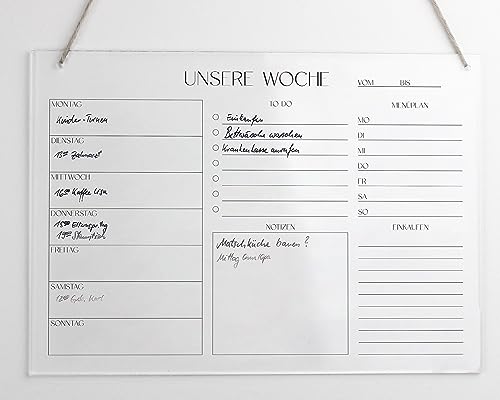 Wochenplaner Acryl A4 A3 | Wandplaner für die Woche abwischbar | Wandkalender | To Do Liste | Menüplaner | Acrylglas (A4) von heeaven