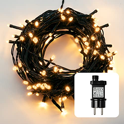 HELLUM LED Lichterkette Außen mit Timer I 11,9m 120 LED I Lichterkette bernstein (klassisch warmweiß) I Lichterkette LED strombetrieben mit Stecker I Weihnachtsbaumbeleuchtung Kabel in grün I 576641 von hellum