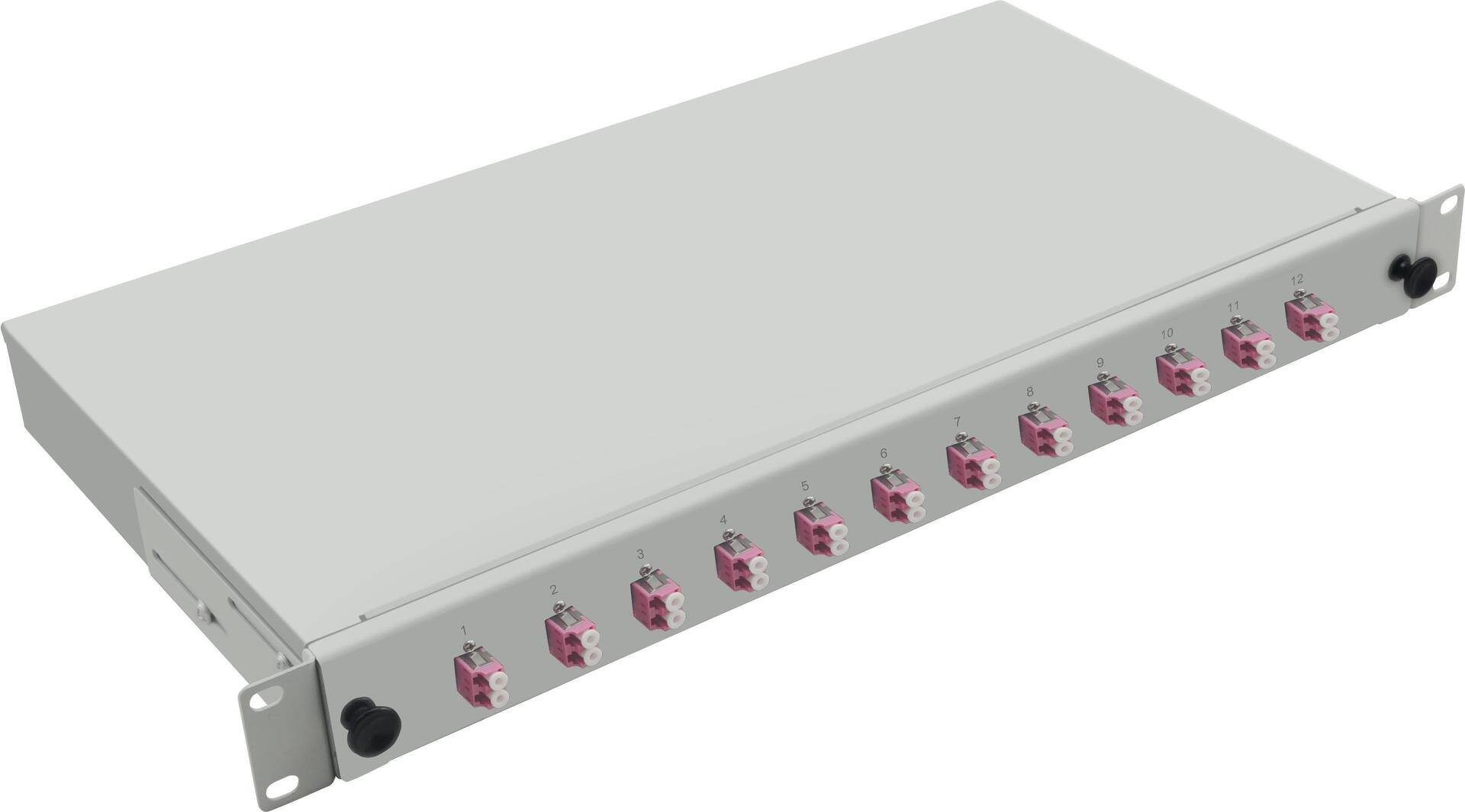Helos LWL 48,30cm (19) Breakoutbox mit 12x LC Duplex Kupplungen OM4, grau - 1 HE ausziehbar - Stahlblech - bestückt mit 12 Kupplungen LC Duplex 50/125 µm Multimode erikaviolett - für 24 Fasern - mit Einführung für vorkonfektioniertes Verlegekabel (252009) von helos