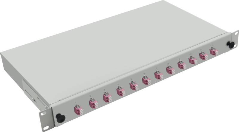 Helos LWL 48,30cm (19) Breakoutbox mit 12x LC Duplex Kupplungen OM4, grau - 1 HE ausziehbar - Stahlblech - bestückt mit 12 Kupplungen LC Duplex 50/125 µm Multimode erikaviolett - für 24 Fasern - mit Einführung für vorkonfektioniertes Verlegekabel (252009) von helos