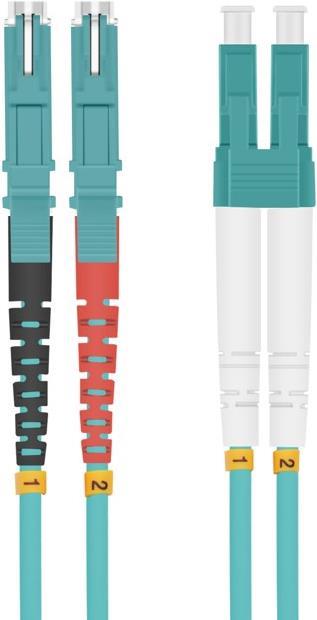 Helos LWL Patchkabel E2000® (LSH)/ LC Duplex 50/125µm OM3 aqua 10,0m - 50/125 µm, Multimode - OM3-Faser für 10 Gigabit/s - E2000® (LSH) Duplex Stecker an LC Duplex Stecker - Farbe: aqua - Einzelverpackung mit Prüfprotokoll -  (254695) von helos