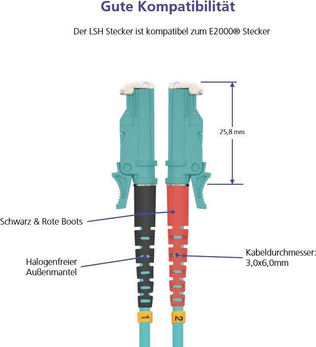 Helos - Patch-Kabel - E2000 Multi-Mode zu LC Multi-Mode - 5 m - Glasfaser - Duplex - 50/125 Mikrometer - OM3 - Aquamarin Helos - Patch-Kabel - E2000 Multi-Mode zu LC Multi-Mode - 5 m - Glasfaser - Duplex - 50/125 Mikrometer - OM3 - Aquamarin von helos