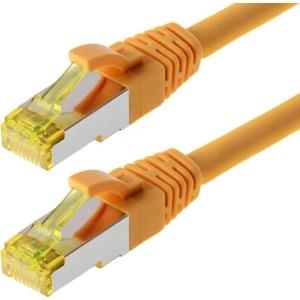 Helos Patchkabel S/FTP Cat 6a gelb 30,0m - Twisted Pair, doppelt geschirmt, 4 x 2 x AWG 27 - Vollkupfer Patchkabel mit schmalem Knickschutz inkl. Längenbezeichnung - PimF geschirmte Cat6a Kabel, halogenfrei, 10GBE geeignet und PoE-fähig - halogenfreier LSZH-Mantel - 1:1 Belegung nach EIA/TIA 568B (118109) von helos