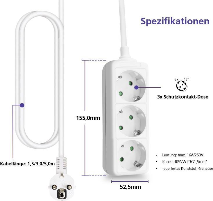 Helos Steckdosenleiste CLASSIC, 3-fach, weiß, 5,0m, ohne Schalter Robustes klassisches Design , 5,0m Zuleitung , Leiterquerschnitt: 1,5 mm² , Kabeltyp: H05VV-F 3G1.5mm , ohne Schalter , 3 Schutzkontaktsteckdosen 45° gedreht , mit Berührungsschutz , belastbar bis zu 16 A/230V (4000 Watt) , VDE, CE und GS-Zertifiziert , Farbe: weiß (262789) von helos