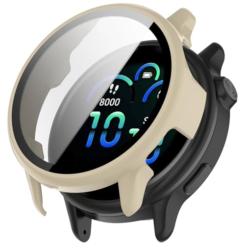 Schutzhülle für Garmin Vivoactive 6, harte PC-beschichtete Stoßstange, vollständige Abdeckung, Schutzhüllen, Rahmen aus gehärtetem Glas, für Garmin Vivoactive 6 Smartwatch (Beige) von hengkang