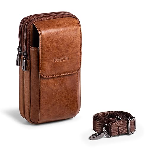 Hengwin Doppeltaschen Gürteltasche Herren Echtes Leder Hüfttasche Männer Handy Taschen mit Gürtelschlaufe für iPhone 15, 14 Pro Max, Samsung Galaxy S24 Ultra Handy Umhängetaschen (Braun) von hengwin