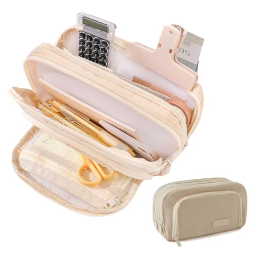 Big Capacity Pencil Case 3 Compartments Large Pencil Pouch Pen Bag Pencil Box Holder Organizer Simple Pencil Holder for School Teen Girl Boy (Beige) von heofonm