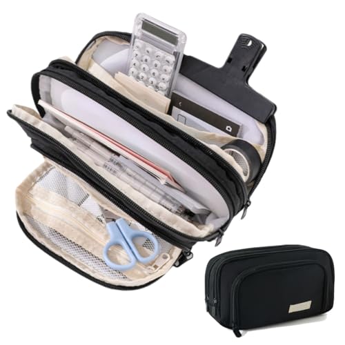 Big Capacity Pencil Case 3 Compartments Large Pencil Pouch Pen Bag Pencil Box Holder Organizer Simple Pencil Holder for School Teen Girl Boy (Black) von heofonm