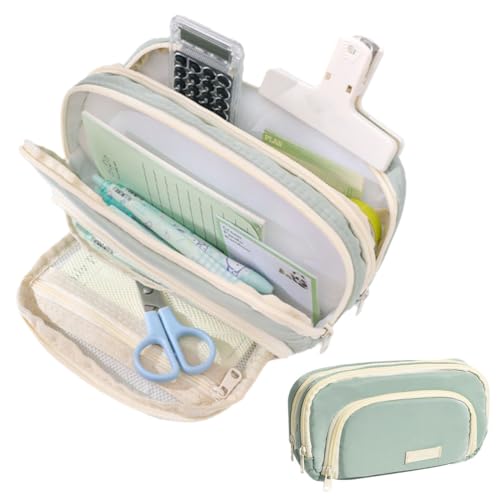 Big Capacity Pencil Case 3 Compartments Large Pencil Pouch Pen Bag Pencil Box Holder Organizer Simple Pencil Holder for School Teen Girl Boy (Green) von heofonm