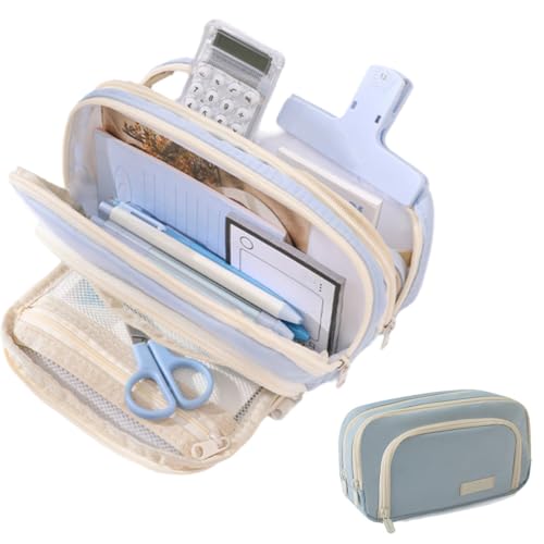 Big Capacity Pencil Case 3 Compartments Large Pencil Pouch Pen Bag Pencil Box Holder Organizer Simple Pencil Holder for School Teen Girl Boy (Light Blue) von heofonm