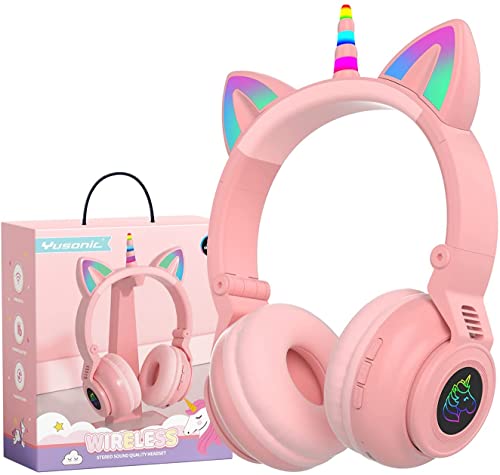 hisonic Bluetooth Kinderkopfhörer, Over-Ear Einhorn Bluetooth Kopfhörer Mädchen mit Bunte Lichter, Mikrofon und SD-Kartensteckplatz für Kinder ab 3 Jahre. (Rosa) von hisonic