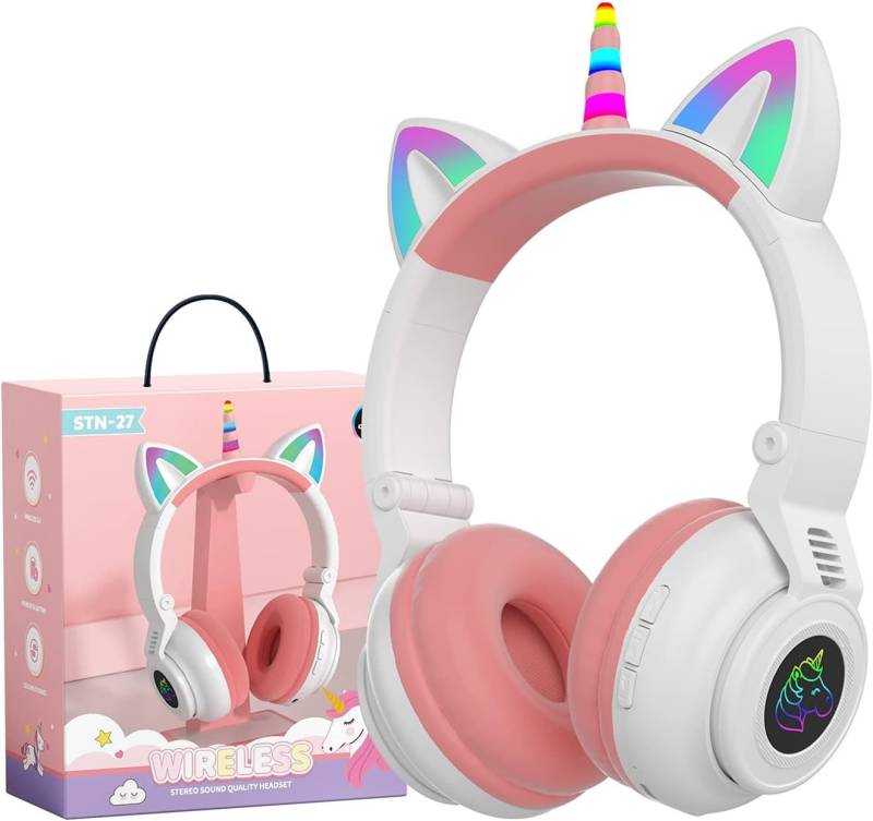hisonic Ergonomisch mit Bunte Lichter, Faltbare,Einstellbar Eingebautes Mikfon Kinder-Kopfhörer (Mit der fortschrittlichen Bluetooth 5.0-Technologie bietet der Kopfhörer eine schnelle, stabile Verbindung, die das Hörerlebnis reibungslos und unterbrechungsfrei macht., Bluetooth, Komfortables Katzenohren und Einhornhörner machen diese Kopfhörer) von hisonic