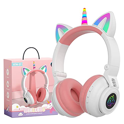 hisonic kinderkopfhörer ab 3 Jahre Bluetooth, Over-Ear Bluetooth Einhorn Kopfhörer, mit Bunte Lichter, Faltbare, Einstellbar, Kabellos und Kabel, Eingebautes Mikfon für Mädchen. (Weiß) von hisonic