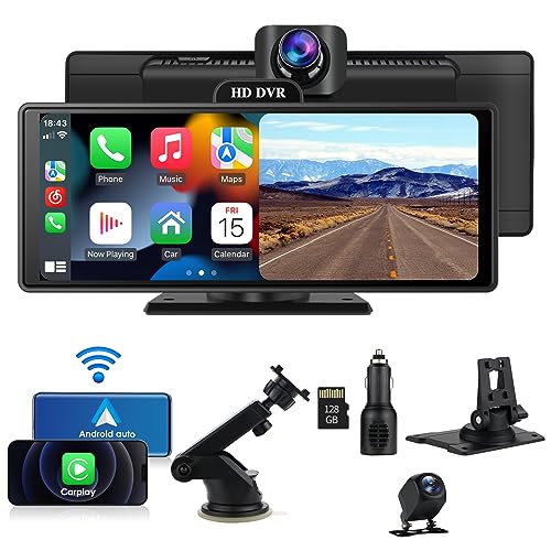 Kabelloses Apple CarPlay & Android Auto, Tragbares Autoradio mit 4K dashcam 1080P Rückfahrkamera, 128G TF Card HD IPS Touchscreen, Bluetooth 5.0, ADAS/Siri/FM/Google/GPS/Airplay/AUX von hizpo