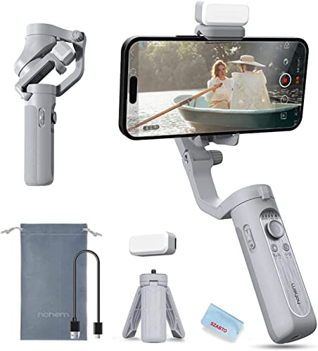 Hohem iSteady XE KIT 3-Achsen Smartphone Gimbal Stabilizer mit Licht für iPhone Android Phone für Vlog YouTube Live Video Record Handheld gefaltete Gimbla Stabilizer, Grau Combo von hohem