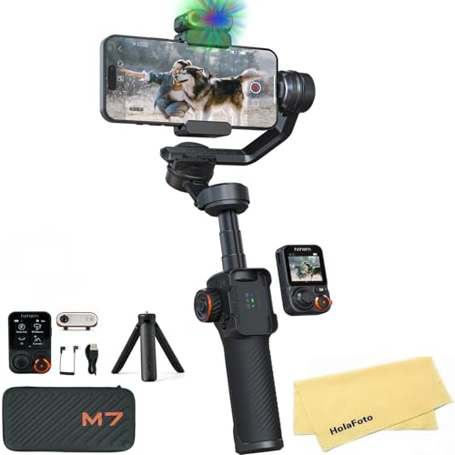 hohem iSteady M7 AI Tracking Gimbal-Stabilisator für Smartphones, 3-Achsen-Telefon-Gimbal mit Fülllicht und abnehmbarer 1,4-Zoll-OLED-Touchscreen-Fernbedienung, integrierte Verlängerungsstange von hohem