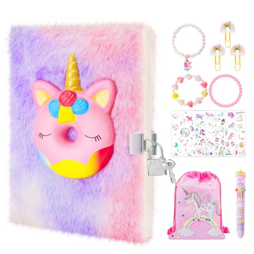 homicozy geheimes Tagebuch für Mädchen, Kinder Squishy Einhorn Notizbuch mit Schloss, flauschiges Notizbuch und stationäre Sätze, abschließbares Journal mit Schlüssel Einhorn Geschenk Set von homicozy