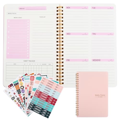 Wochenplaner A5, Tagesplaner mit 8 Schönen Aufklebern, Tragbar Notizbuch Notizblock To-Do-Liste, Effizienter Aufgabenliste Spiral Notizbuch für Studium und Beruf, 52 Wochen Plan (Rosa) von hongmo