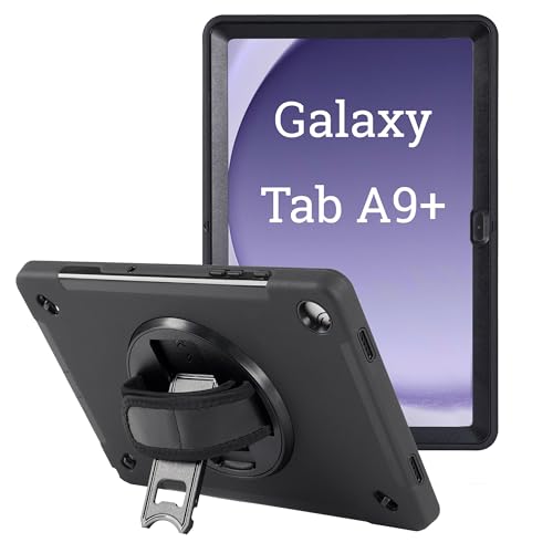 honju FIT Rugged Kickstand/Handstrap Case kompatibel mit Samsung Galaxy Tab A9+ Plus (WiFi & 5G) Hülle [Drehbare Handschlaufe, Fallschutz nach US-Militärstandard (MIL STD 810G 516.6)] schwarz von honju