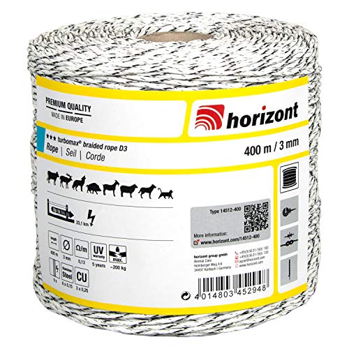 horizont Weidezaunseil turbomax® braided rope, 200m lang, 3mm breit, 200 kg Bruchlast, für lange bis sehr lange Zäune mit starkem Bewuchs, Weidezaunband, Breitband Litze, Elektrozaun von horizont