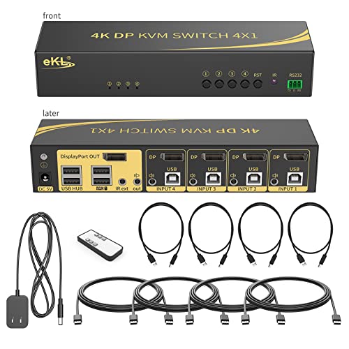 Huasion KVM Switch Displayport 4 Port DP 1.2 4x1 Supports 4K@60Hz 4:4:4 hotkey Switching Keyboard Mouse Audio with USB 2.0 Control up to 4 PCs von huasion