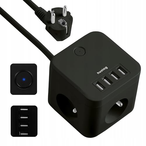 Huslog Mehrfach-Steckdosenleiste mit 4 USB-Anschlüssen, 3 Steckdosen, 1,5 m Kabel, Schwarz (Schwarz) von huslog