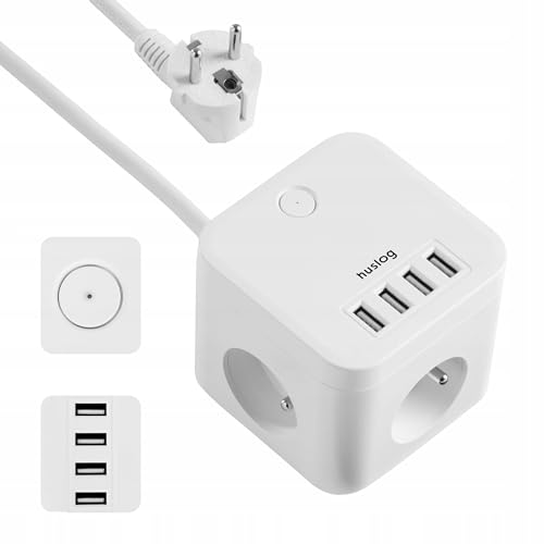 Huslog Mehrfachsteckdose Würfel 7-in-1 mit 3 Steckdosen & 4 USB, 230V/10A, 1,5m Kabel, Mikroschalter mit LED, Erdung, kompakt und rutschfest für Büro & Zuhause, Weiß von huslog
