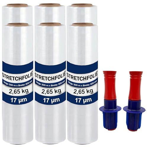 Stretch Wrap Film-6 Pack, 50 cm / 2.65kg, 17 μm, 300m, Stretch Industrial Strength for Pallet Wrap, Moving, Shipping, Packaging, Furniture Wrapping Moving & Protection,2 Roll with Handles (6 Stück) von huzur elektrik