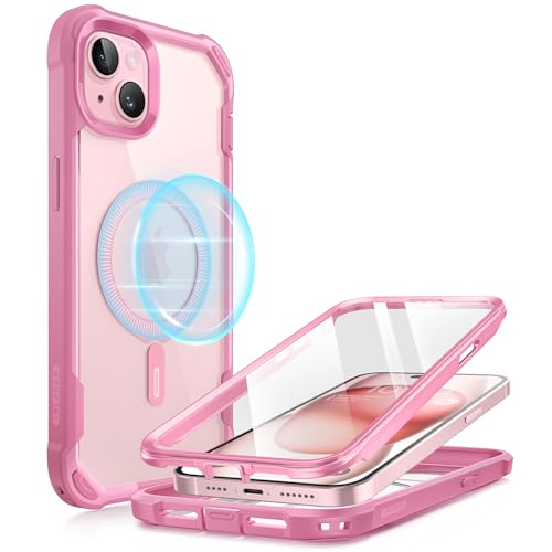 i-Blason Ares Mag Hülle für iPhone 15 / iPhone 14 / iPhone 13 (6.1"), Kompatibel mit MagSafe, Bumper Case Transparent Handyhülle Robust Schutzhülle Cover mit Displayschutz, Pink von i-Blason