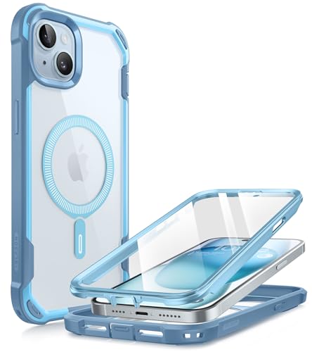 i-Blason Ares Mag Hülle für iPhone 15 Plus (6.7") 2023, Kompatibel mit MagSafe, Bumper Case Transparent Handyhülle Robust Schutzhülle Cover mit integriert Displayschutz, Blau von i-Blason